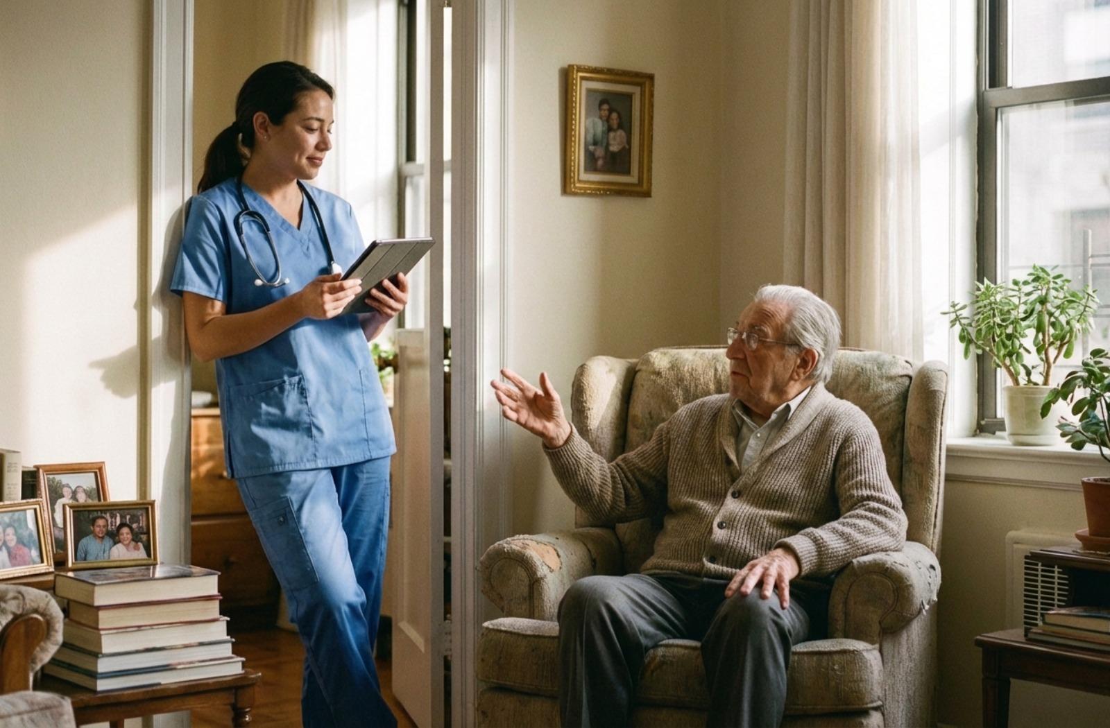 A nurse in scrubs standing in the doorway of a private apartment checking in on an older adult resident in a comfortable living room.
