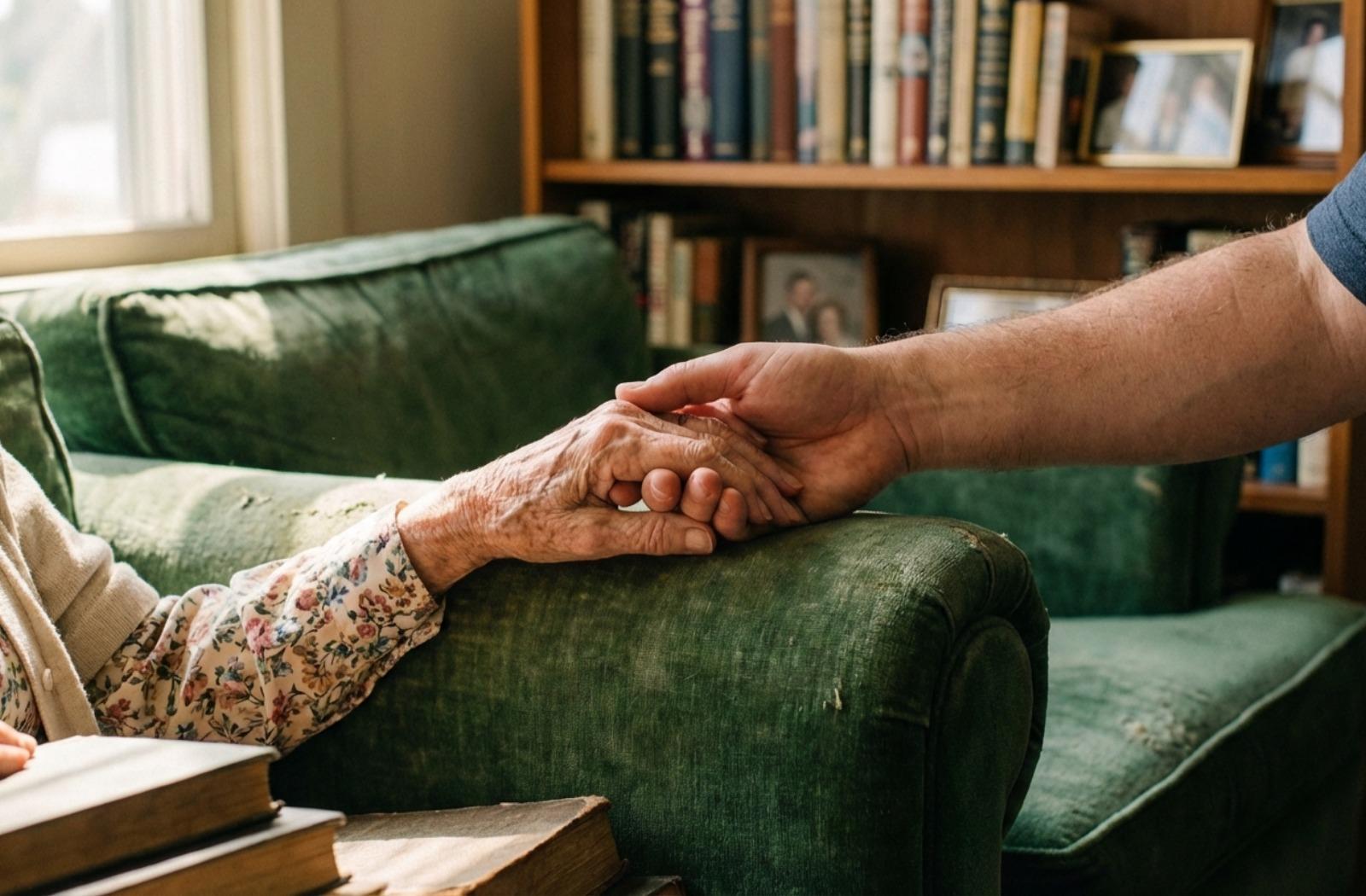 a senior hold the hand of a younger person
