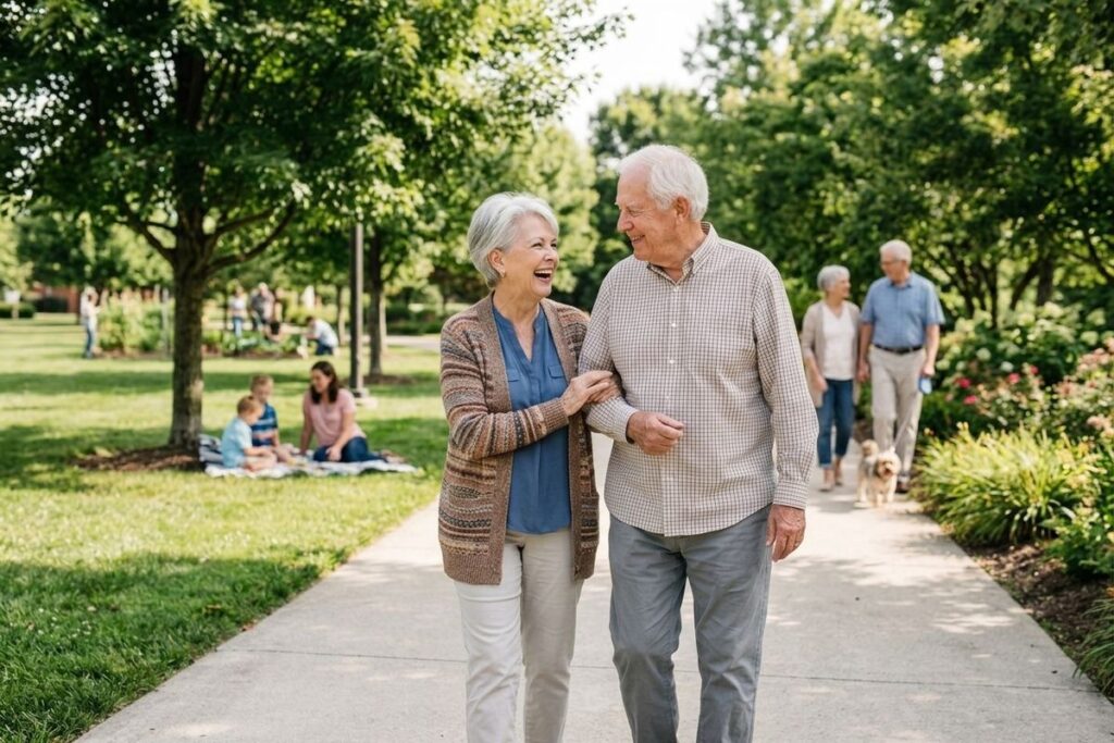Two smiling older adults walk arm-in-arm on a paved path in a park, looking at each other and smiling.