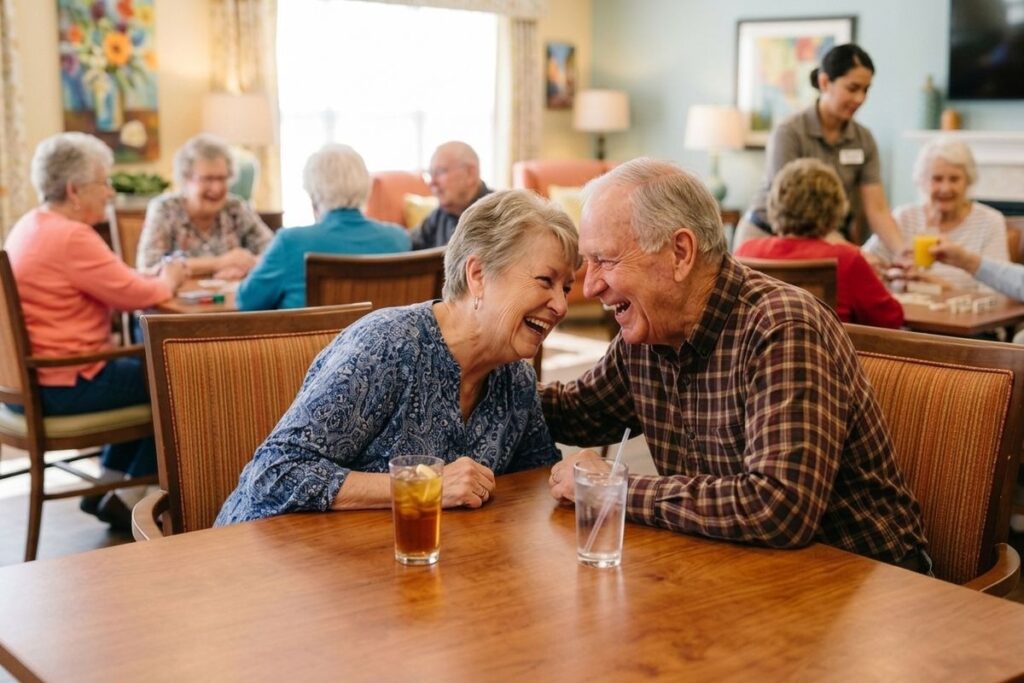 An older adult couple sits at a table in a dining room, enjoying iced tea and water and laughing. Other seniors are seated at tables in the background, playing board games.