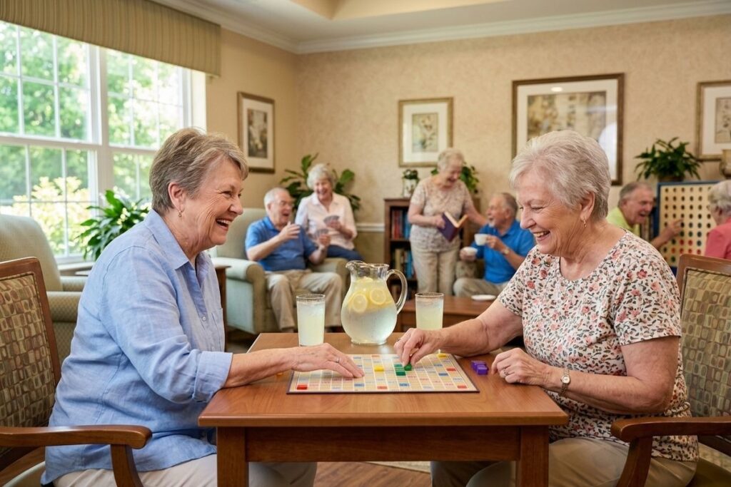 A pair of smiling older adults play a board game at a table with lemonade in a communal lounge with other adults socializing in the background.
