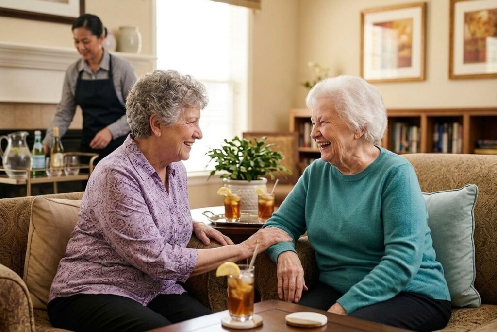 Two laughing older adults sit on a sofa talking, with glasses of iced tea nearby. A server prepares drinks in the background.