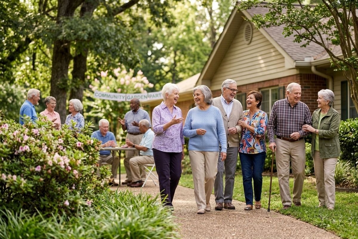 Smiling older adults walk on a path outside a house. In the background, other people gather near a banner reading COMMUNITY GARDEN PARTY.